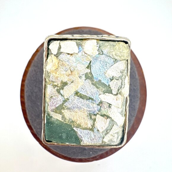 LIRM Sterling Silver Israel Ancient Roman Glass Statement Ring Rectangle SZ 6.5 - Picture 1 of 11